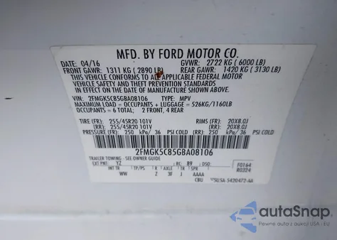 2016 Ford Flex Sel z USA, uszkodzony, nr VIN 2FMGK5C85GBA08106